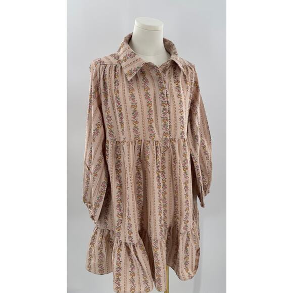 BiBi Floral Shirt Dress Long Puff Sleeve Ruffle Smock Beige Tan M Cottagecore L - Picture 3 of 8